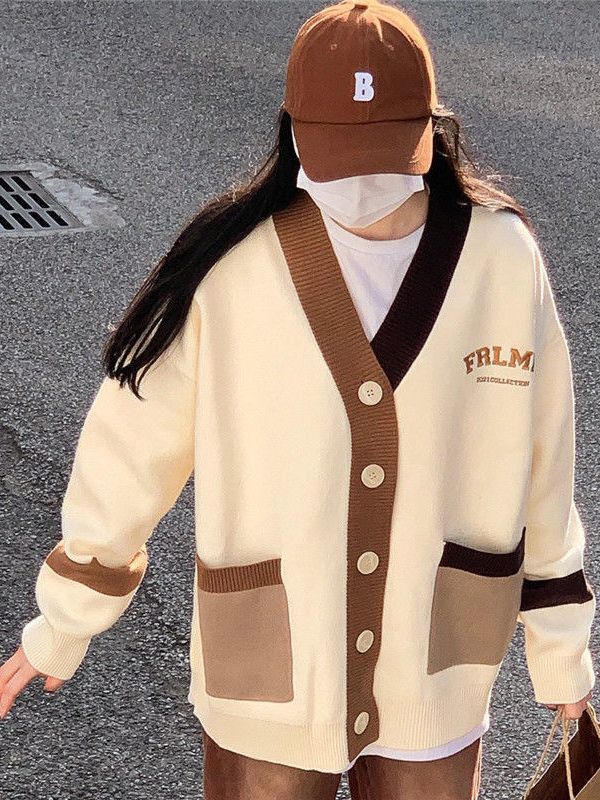 Cross-border Autumn and Winter New Sweet Color Matching Letter Embroidered Sweater Jacket Women's Japanese and Korean Style Loose All-match Knitted Cardigan
