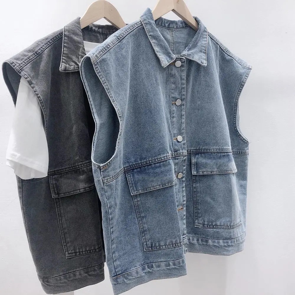 Retro Washed Bf Style Workwear Denim Waistcoat Vest Outer Wear Japanese Style Couple Sleeveless Loose Versatile Outwear for Women