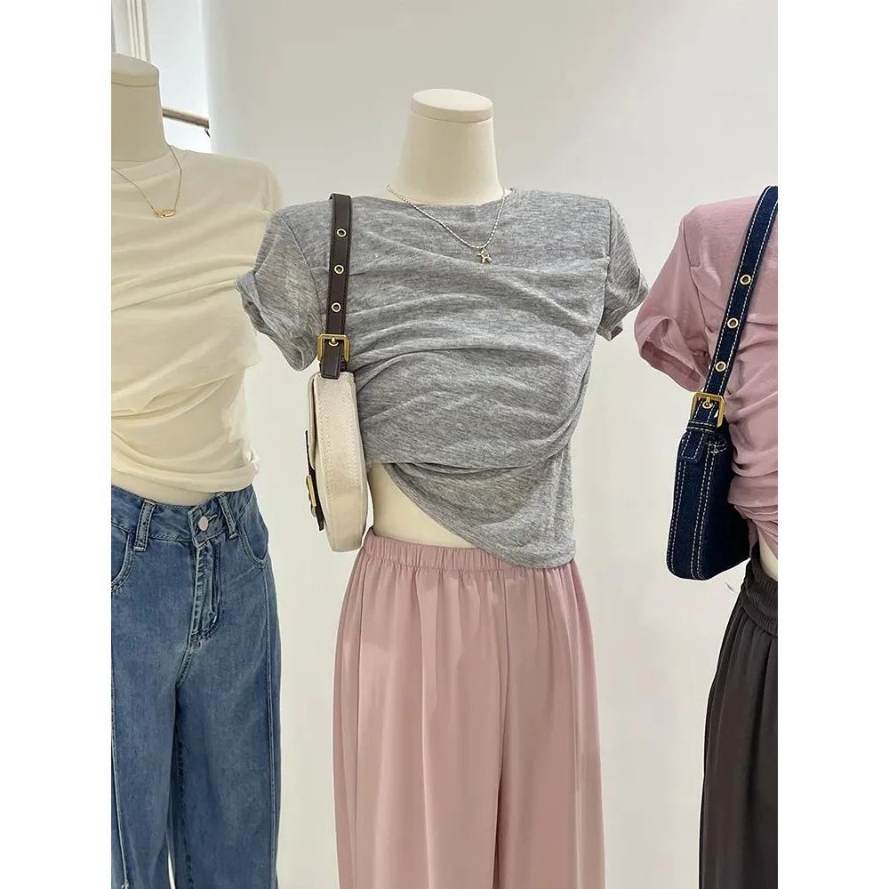 Modal Pure Desire Style Grey T-shirt Women's Summer Thin Design Pleated Irregular Short Slim-fit Short-sleeved Top