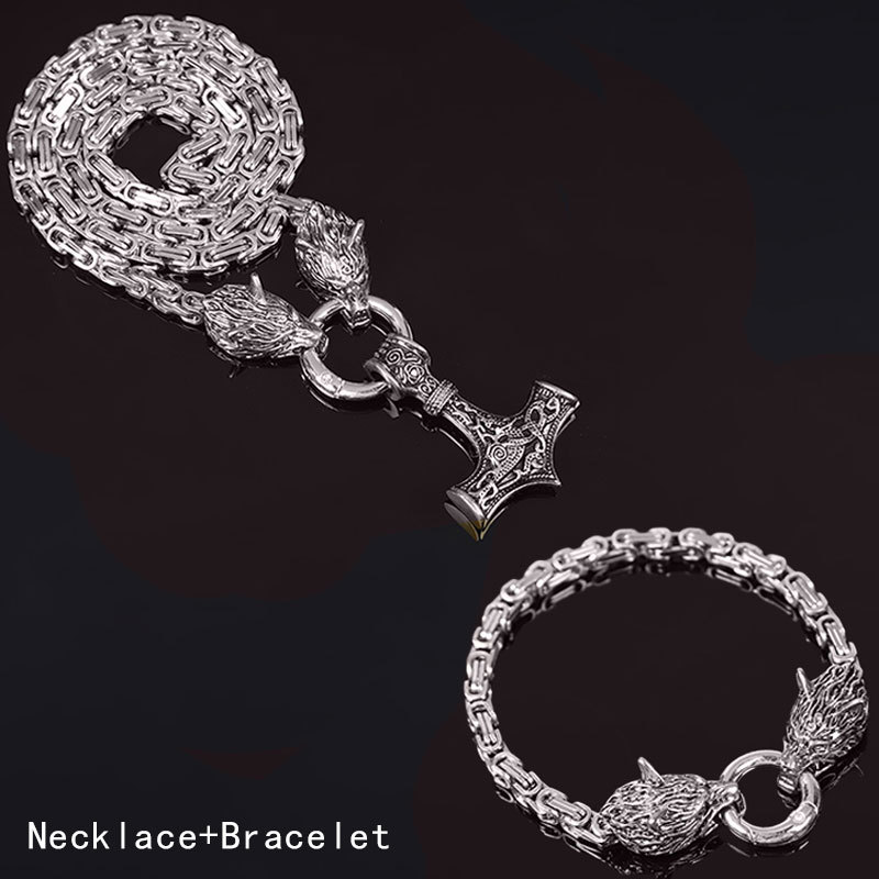 Picture of Foreign Trade Explosions Retro Nordic Viking Rune Hammer Pendant Wolf Head Necklace Bracelet Jewelry suit Stainless Steel Chain