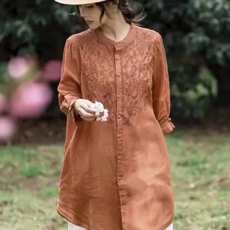 Picture of Women's Retro Embroidered Cotton and Linen Cardigan Long 2024 Summer Elegant Sun Protection Clothing Air-conditioning Shirt Casual Style Jacket
