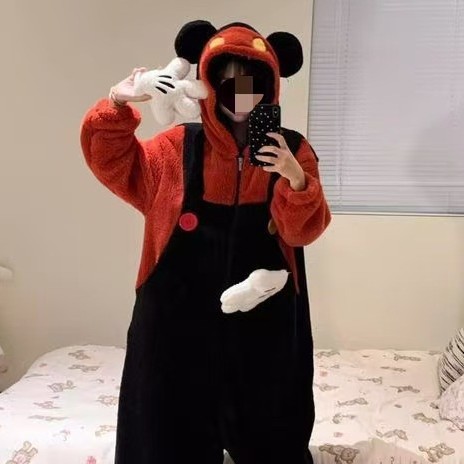 Coral Fleece Cartoon Mickey One-piece Pajamas Women's Winter fleece-lined Thickened Cute Hooded One-piece Women's Home Clothes