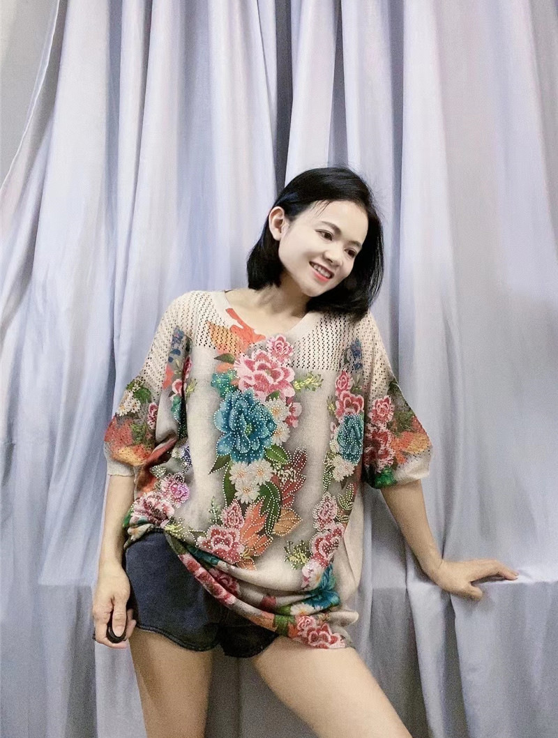 Picture of Tencel Cotton and Linen Hot Drilling T-Shirt Women's 2023 Summer New plus size 3D Mesh Printed Loose Slimming Top