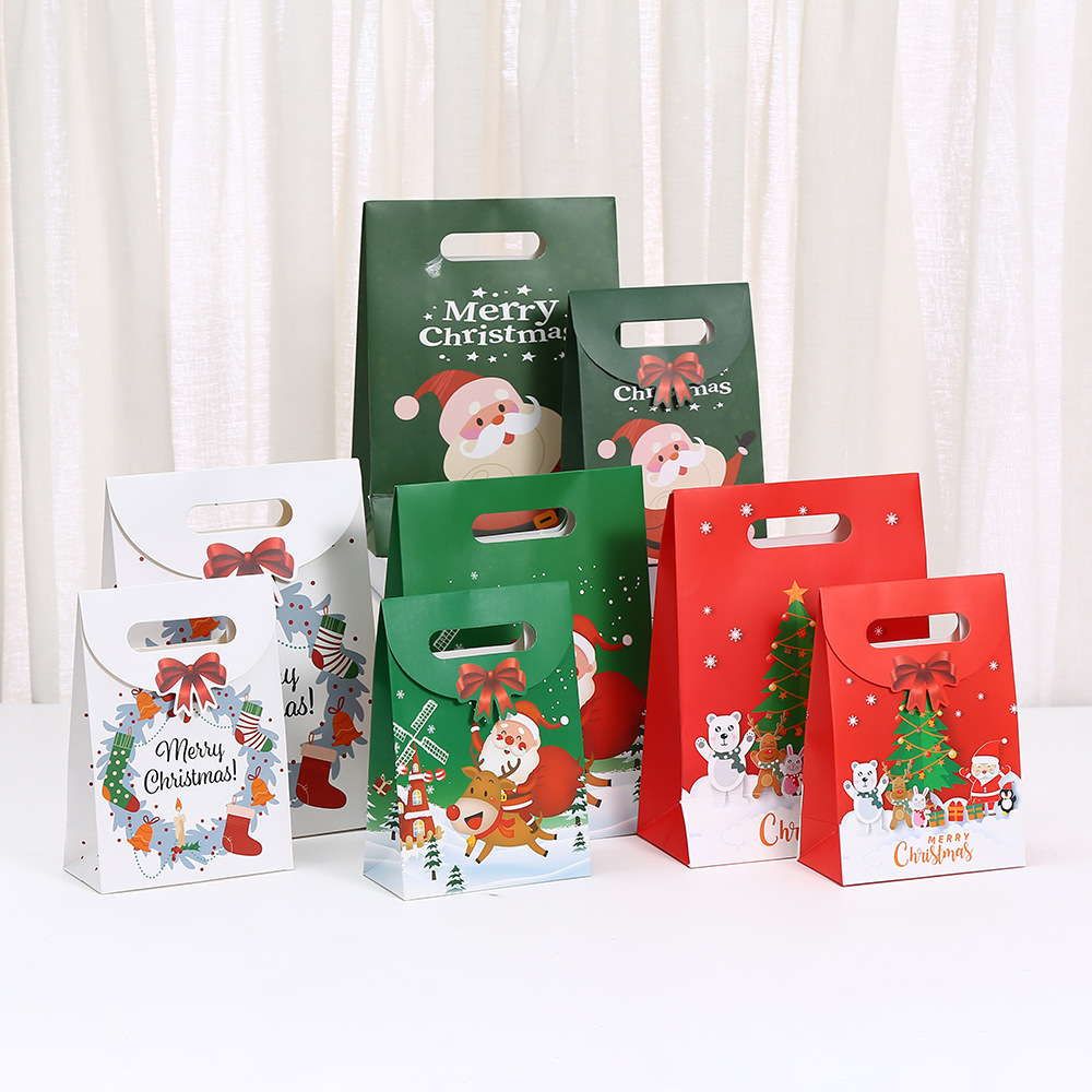 Cross-Border Christmas Gift Bag Bow Handbag Kraft Paper Flip-Up Hook-And-Loop Bag Candy Gift Packaging Bag Wholesale