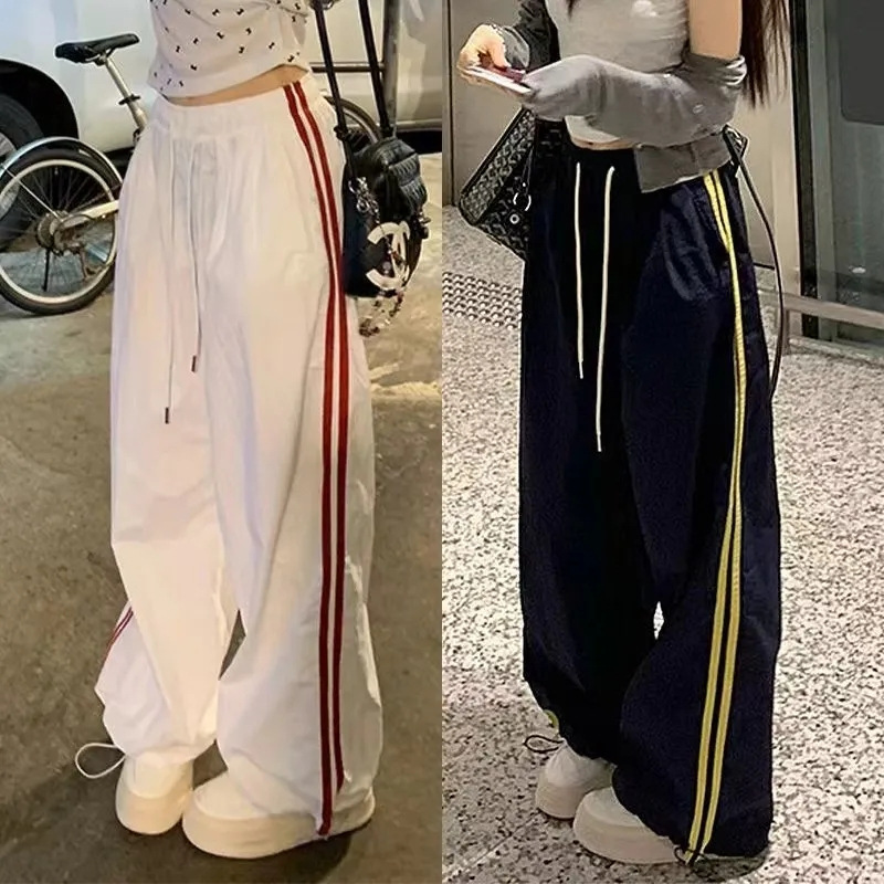 American Style Retro Contrast Color Sports Tie Pants Spring Autumn and Summer New Design Sense Straight High Waist Slimming Casual Pants