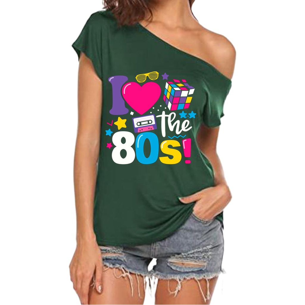 Amazon European and American Sentiment I Love 80's Letter Heart Rubik's Cube Radio Printed Sentiment Slant Collar T-Shirt