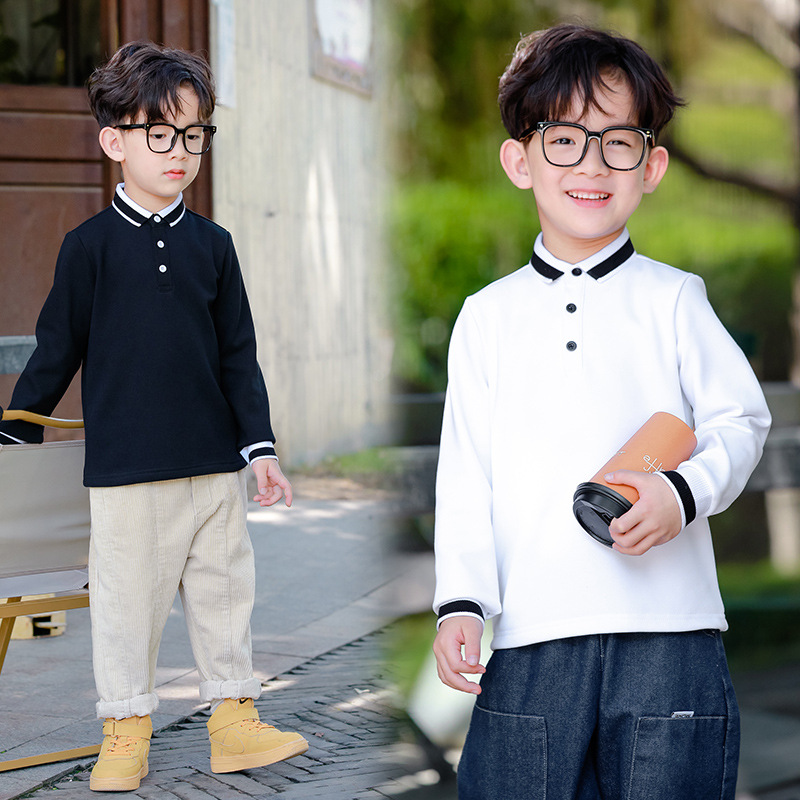 Picture of Boys' Long-sleeved T-shirt Fleece-lined Polo Shirt White Base Shirt for Middle and Big Children