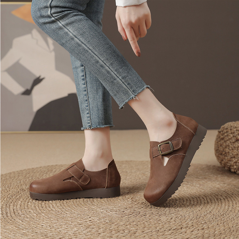 First Layer Cowhide Soft-soled Birkenau Shoes Women's 2025 Spring New Academic Style All-match Casual Shoes One-step Pea Shoes