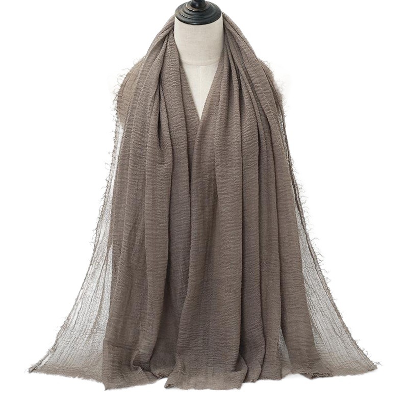 Pleated Solid Color Cotton Headscarf Factory Direct Cotton Linen Crinkled Frayed Edge Women's Gauze Scarf Bs414 High-End Feel