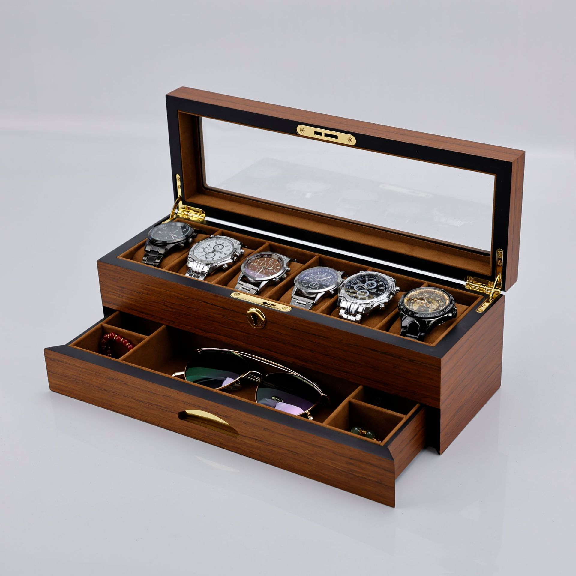 Picture of Qingyu Packaging 6-Digit Black Walnut Spray-Painted Watch Storage Box Double-Layer Jewelry Glasses Ring Organizing Box Ready for Sale
