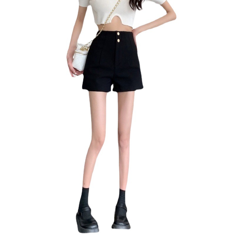 Summer New All-match Casual Pants Slim-fit Slimming A- line Hot Pants plus size chubby girl High Waist Black Wide-leg Shorts for Women