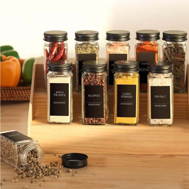 Cross-border transparent square black aluminum lid glass seasoning bottle suit 12-piece set kitchen storage storage seasoning jar