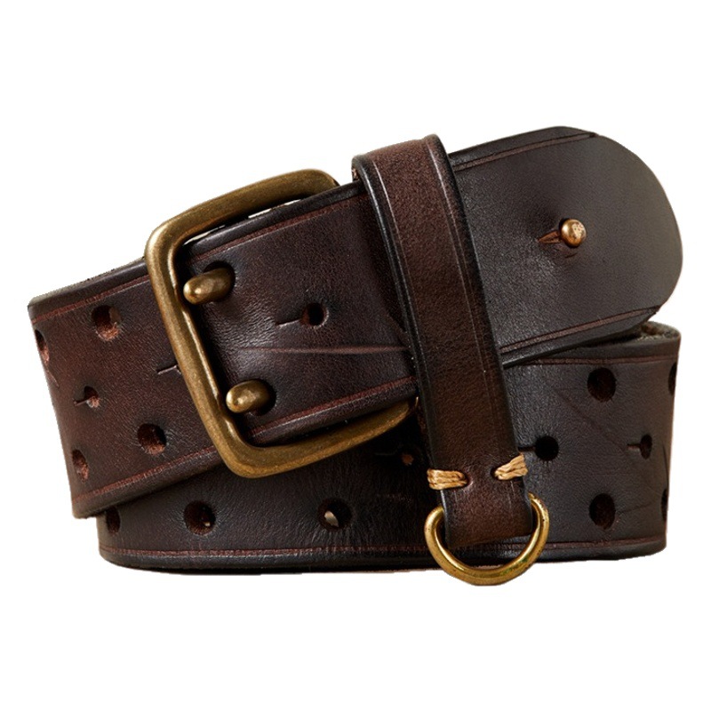 Korean Fashion Distinctive Trend Double Pin Buckle Belt Men's Genuine Leather Pure Cowhide Vintage Youth All-match Jeans Belt