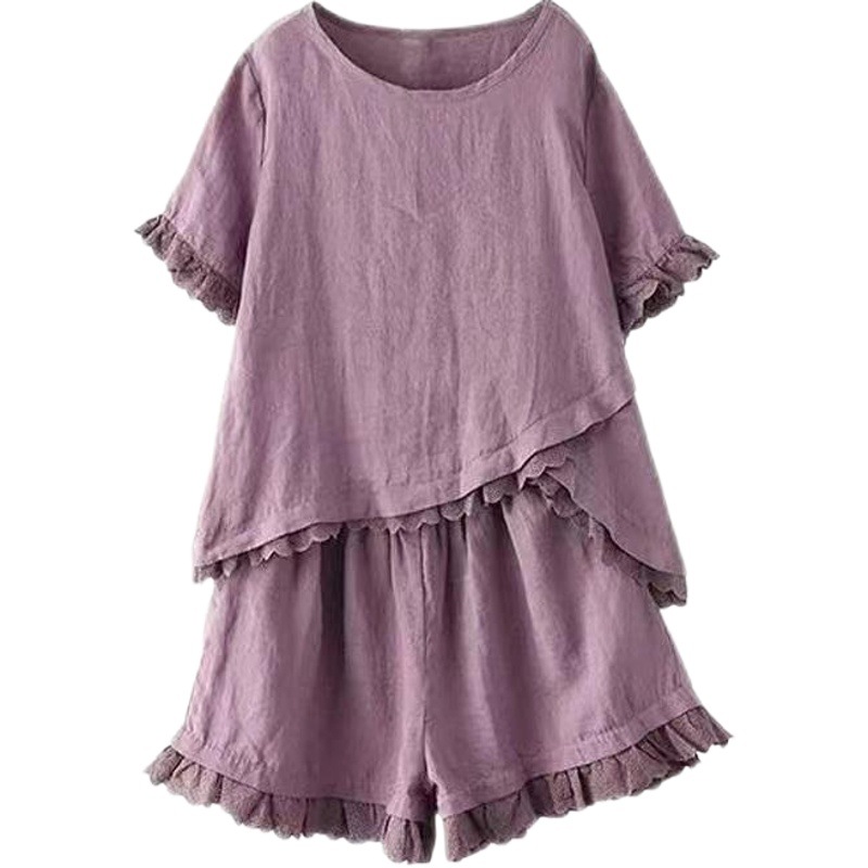Pure Cotton Suit 2024 Summer Asymmetrical Cotton and Linen Loose Top Large Size Casual Wide Leg Shorts Literary Two-Piece Set