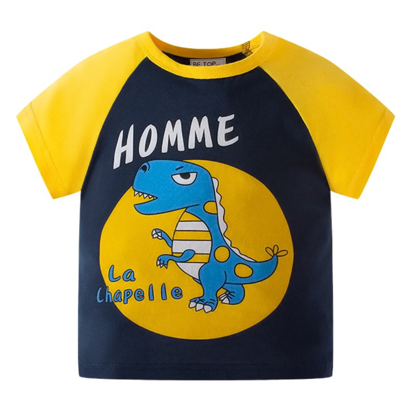 Picture of Children's short-sleeved T-shirt new Korean-style cartoon dinosaur sleeve summer top Baby Cotton color matching clothes delivery