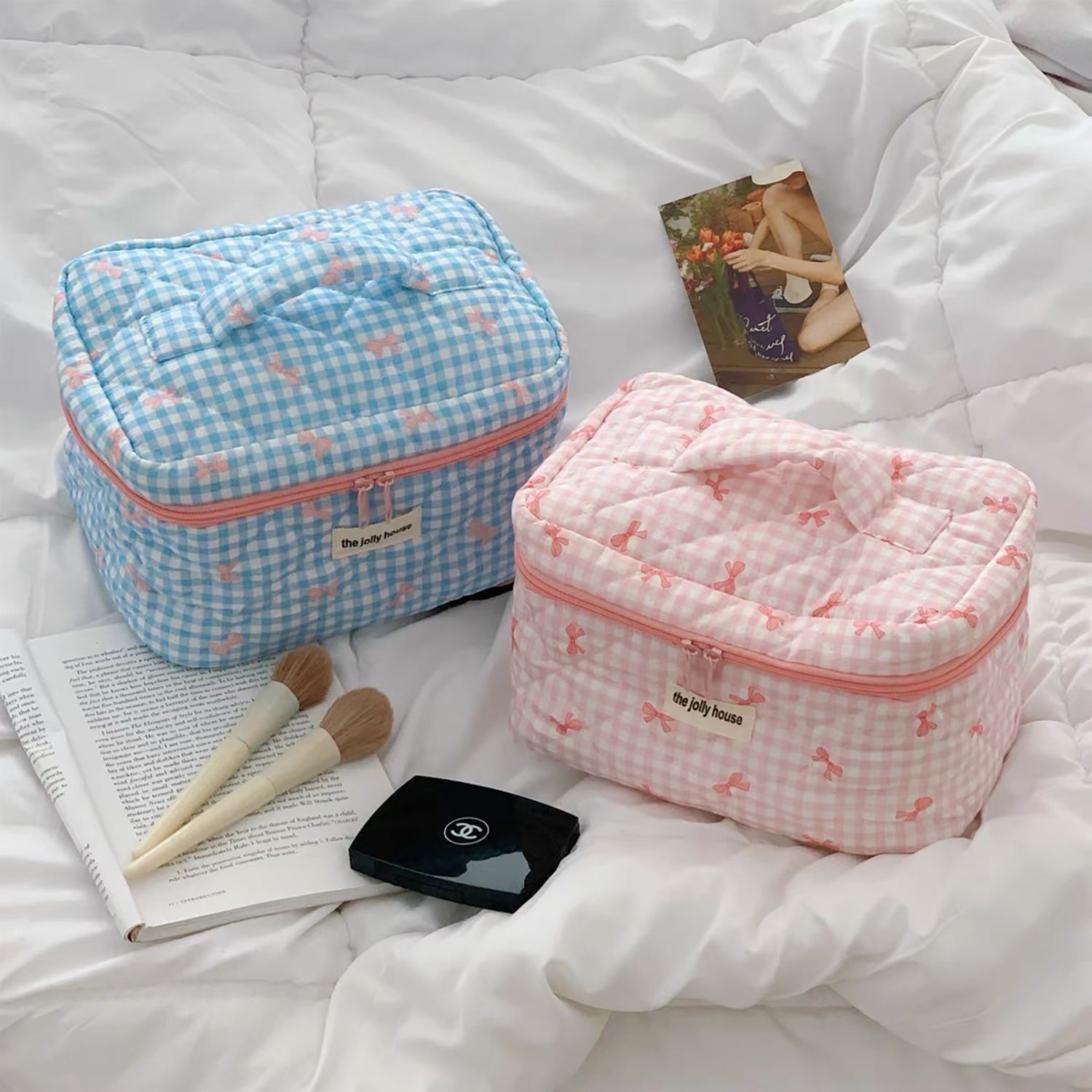 Quilted Plaid Bow Makeup Bag Large Capacity Sweet Cosmetic Storage Bag Portable Handbag Toiletry Bag