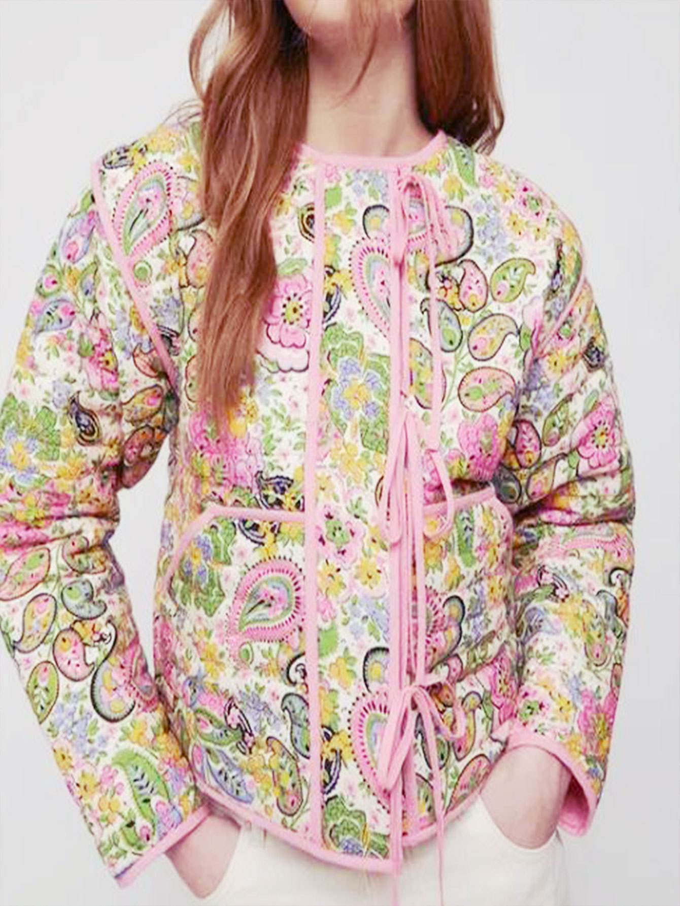 Picture of European and American Cross-border 2024 Autumn and Winter New European and American Style Purple Lace Floral Printed Cardigan Cotton Jacket