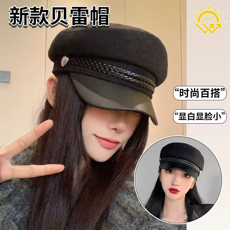 Picture of Korean Leather Beret Women's Autum Korean Style Student Cute Versatile Pu British Style Octagonal Hat Pumpkin Hat