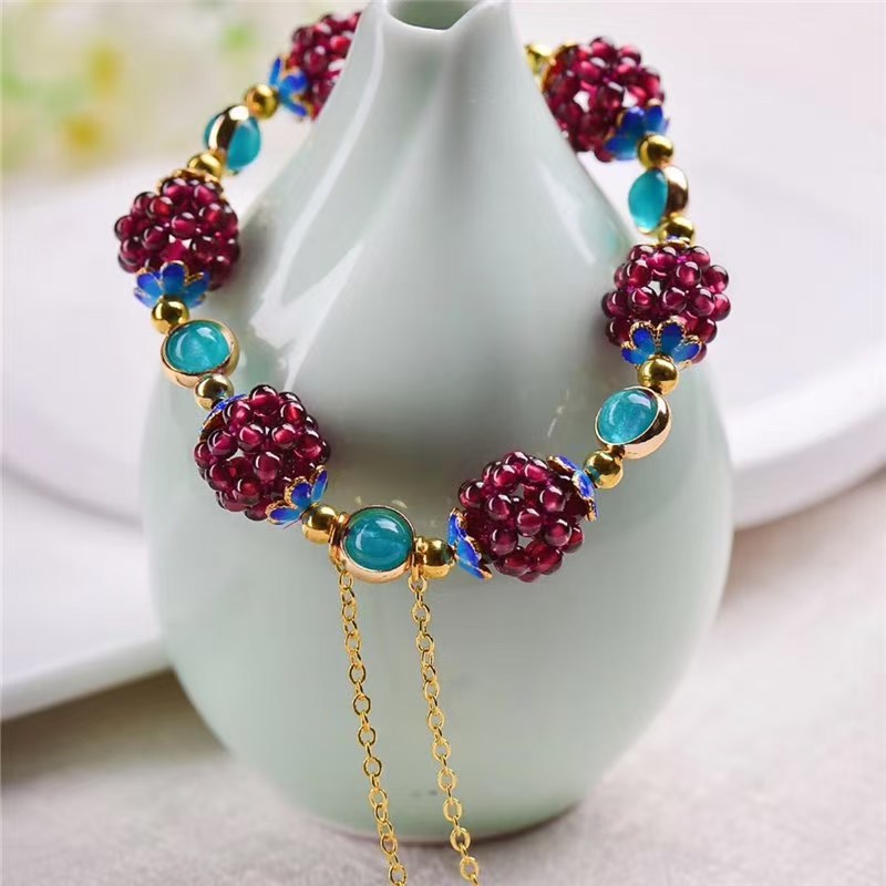 Ethnic Style Natural Garnet Flower Ball Bracelet Earrings Sweater Chain with Amazonite Cloisonné Bracelet Earrings