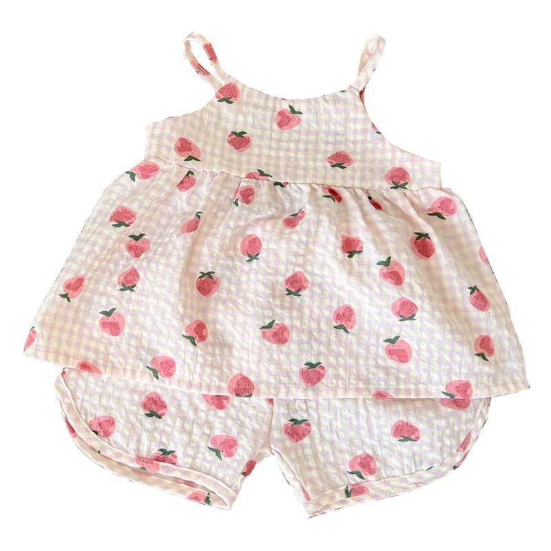 Baby Summer Clothes All over Printed Bear Strawberry Sleeveless Halter Top Shorts Two-Piece Set Cute Baby Summer Suit