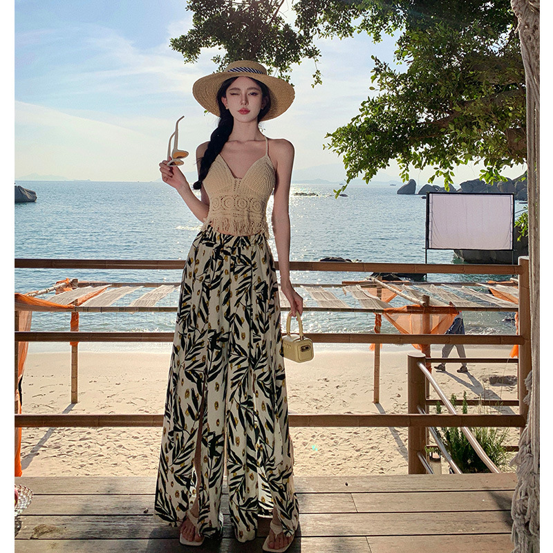 Picture of Bohemian beach culottes women's summer seaside wear thin split wide-leg pants floral draping mop pants trousers
