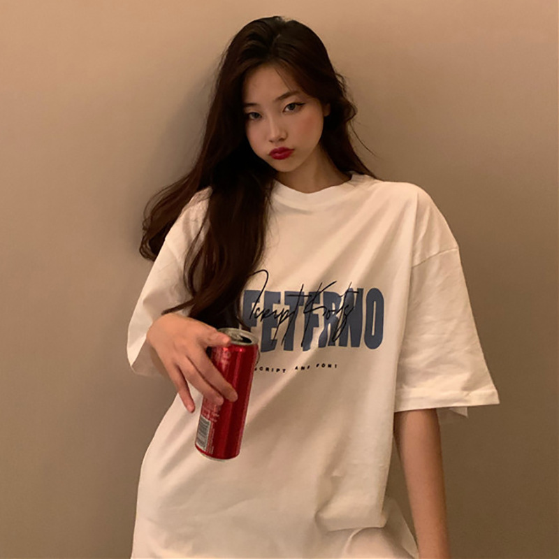 Picture of White T-shirt Women's Spring and Summer 2025 New Korean-style Hong Kong-style Retro Printed Middle-length Top Base Shirt for Students