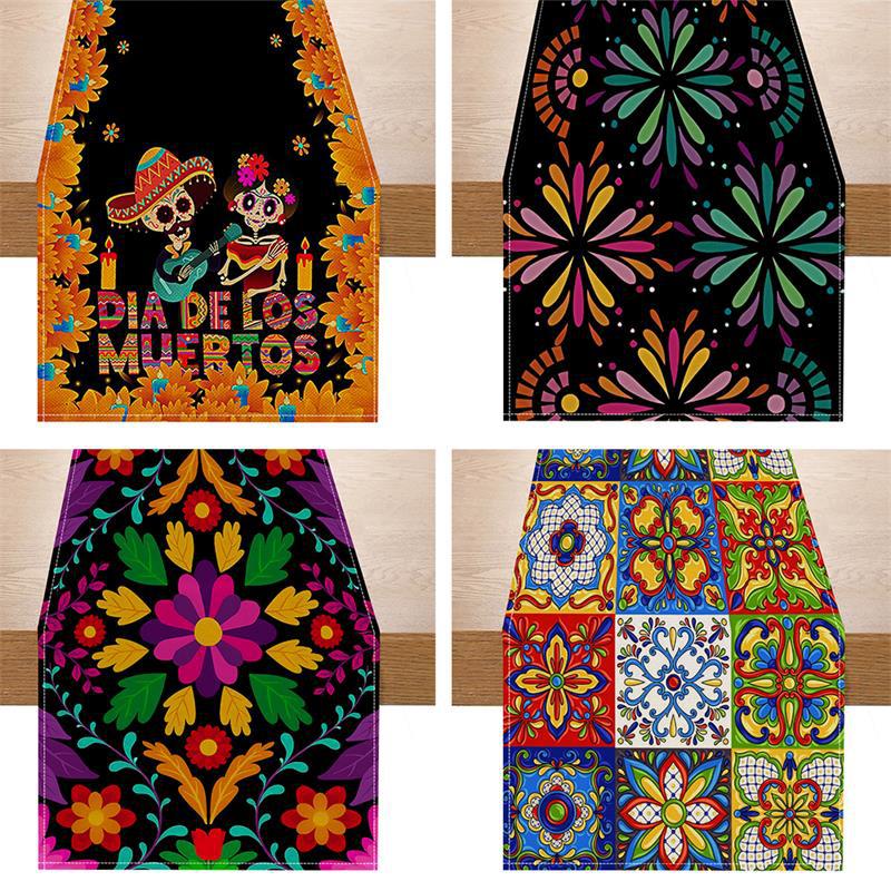 Mexican Style Table Runner Linen Color Flower Print Pattern Tablecloth Home Wine Cabinet Table Cloth Cushion Tea Flag