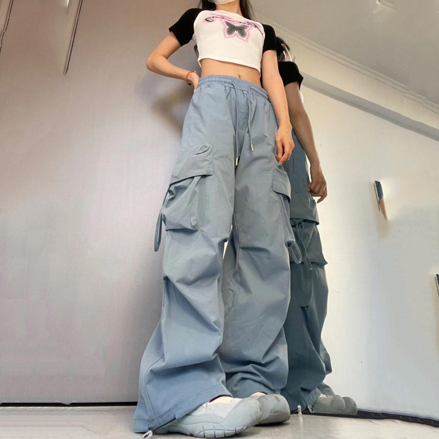 Picture of American Retro Quick-Drying Overalls for Women in Summer High-Waisted Straight Wide-Leg Ribbon Loose Casual Floor-Length Trousers Trend