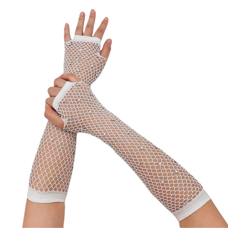 Hot Diamond Fishnet Sleeves Party Gloves Fishnet European and American Hot Diamond Elastic Mesh Gloves Hot Diamond Cross-Border Half Finger Gloves