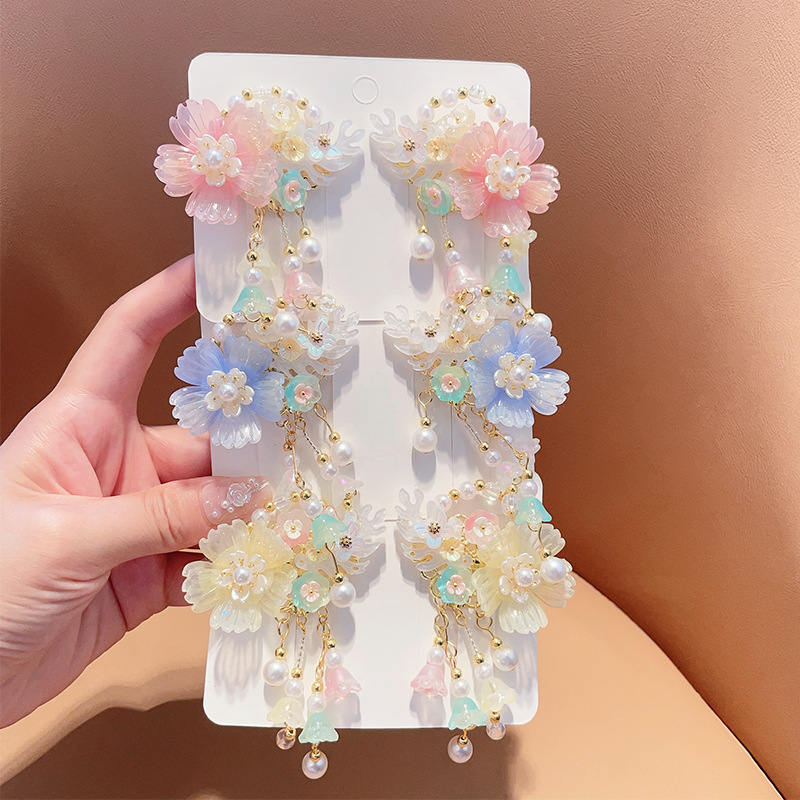 Picture of Hanfu Headwear for Girls and Children Chinese Style Walking Tassel Hairpin for Girls Super Fairy Princess Ancient Dress Flower Hairpin Headwear