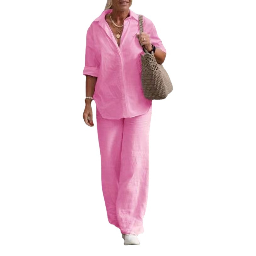 European and American Cross-Border Women's Two-Piece Set for Women 2024 Lapel Long-Sleeved Shirt Spring and Autum Casual Pure Color Pants Wide-Leg Suit