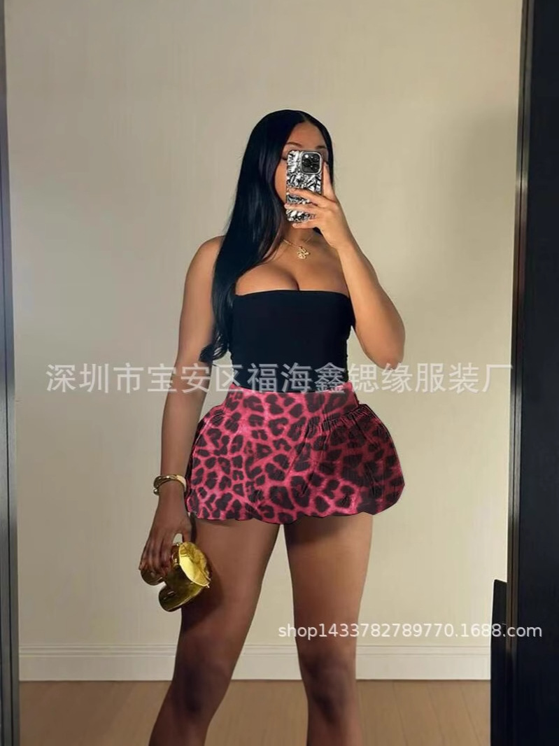 European and American 2025 Sexy Women's Clothing New Leopard Print Versatile Bubble Bubble Skirt High Waist Skirt in Stock
