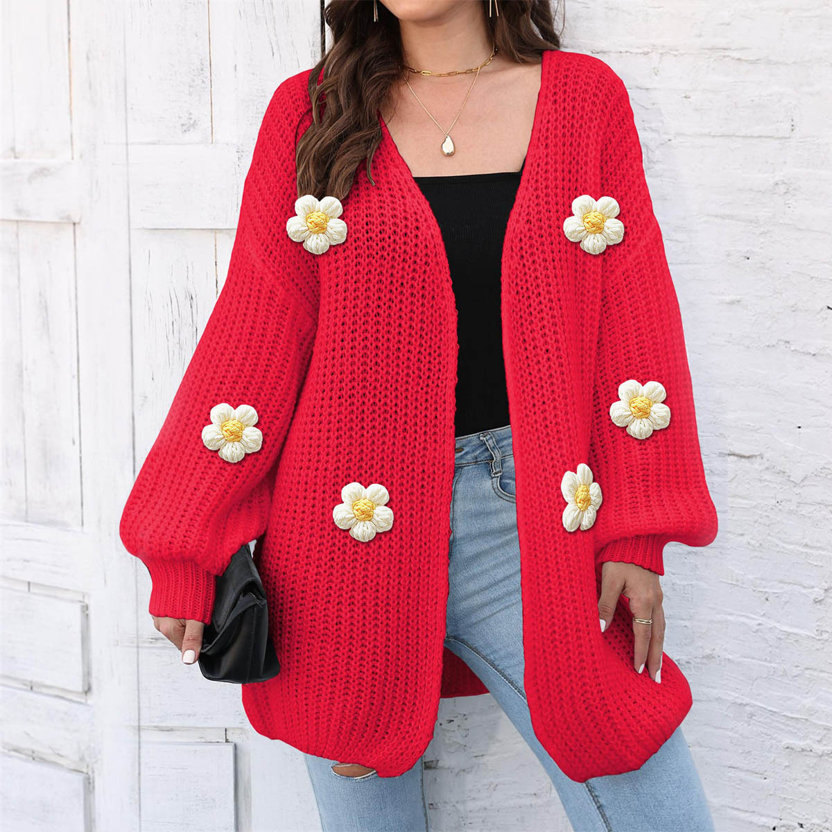 *2024 Autumn/Winter New Cross-border European and American Women's Cardigan Sweater, Machine Knit Deer Fur Loose Hand Crochet Jacket