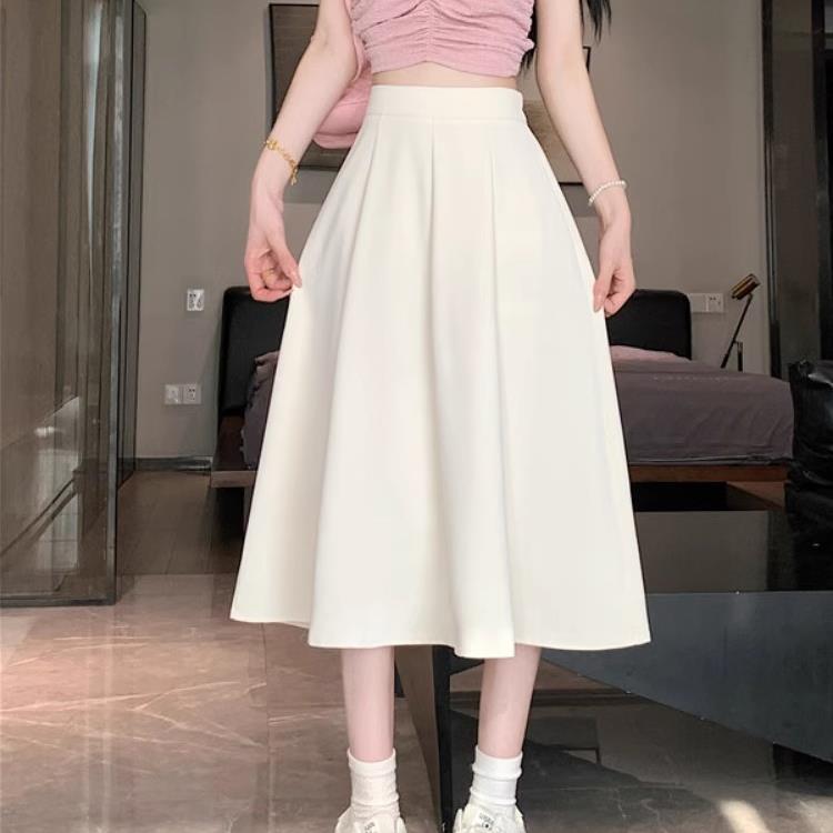 Mid-Length Skirt for Small People, High-Waisted and Slimming Look, Black Figure, A-Line Skirt, Pear-Shaped Korean Style Skirt for Spring