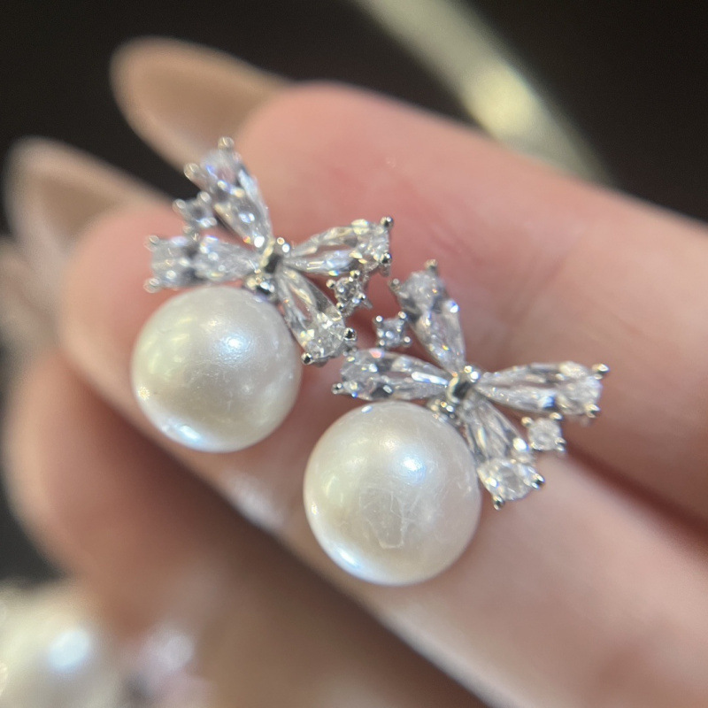 Picture of Bow Earrings with Gold Crystal Bow Earrings 10-11mm Edison Slightly Imperfect Freshwater Pearls