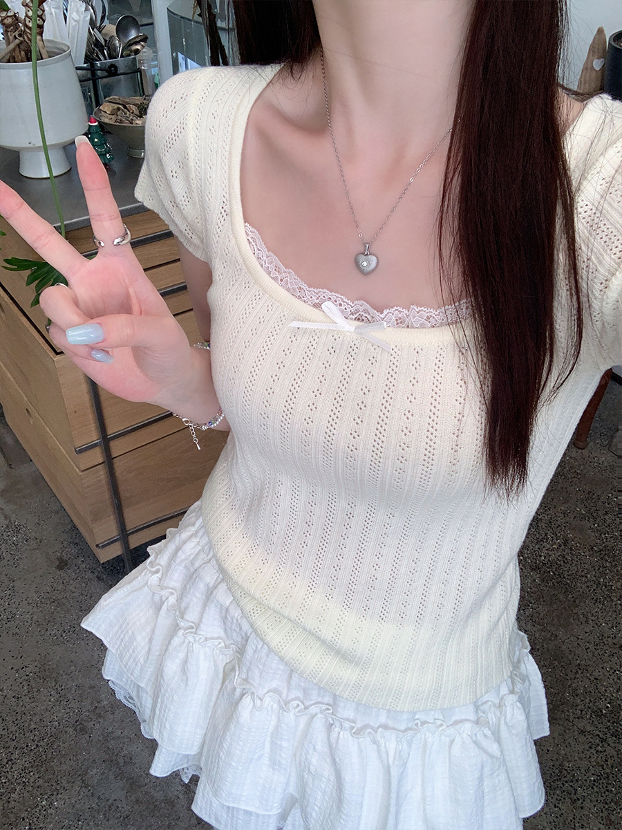Korean Pure Color Knitted Short-Sleeved T-Shirt for Women Summer 2025 New Thin Lace Cut Out Square Collar Short Top