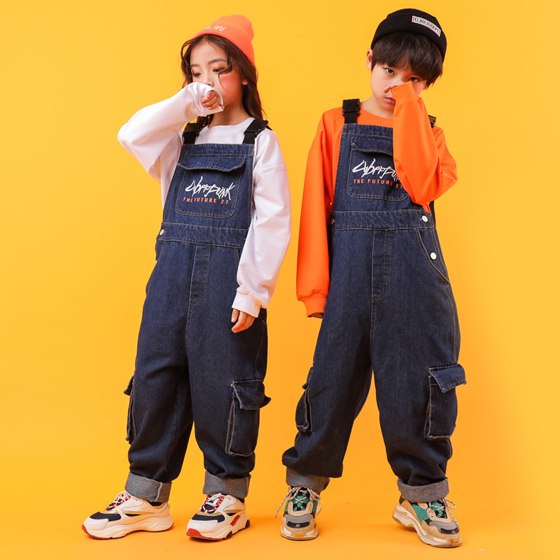 Picture of Children's suspenders costume girls jazz dance suit hip-hop loose denim baggy pants boys hip-hop fashion cool