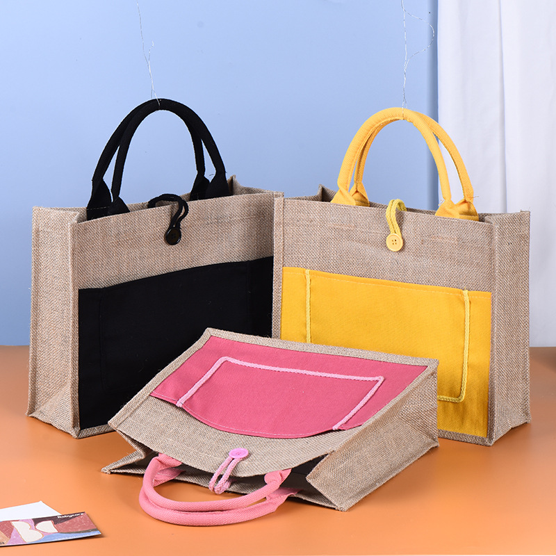 Portable Linen Bag Custom Wholesale Shopping Singed Hand-Painted Linen Colorfulful Canvas Outer Pocket Ear Rope Buckle Thick Jute Bag