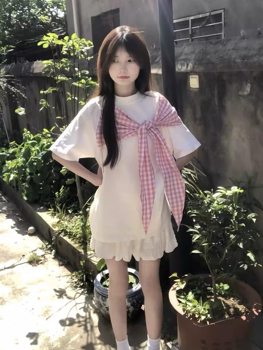 2025 niche new American bow plaid strap short-sleeved T-shirt women's summer versatile casual top trendy ins