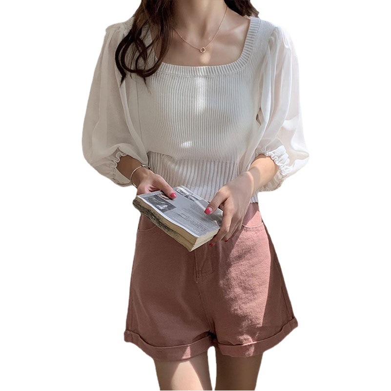 Summer New 2025 Korean Style Square Collar Pure Color Splicing Chiffon Mid-Sleeve Knitwear Thin Age-Reducing Slim Top for Women