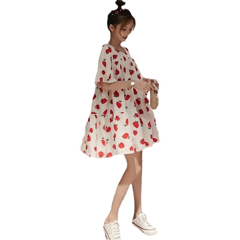 Maternity Dress Floral Color dress Summer Korean Raspberry Short-sleeved Loose Korean Pregnant Women's Dress Summer Short-sleeved Women