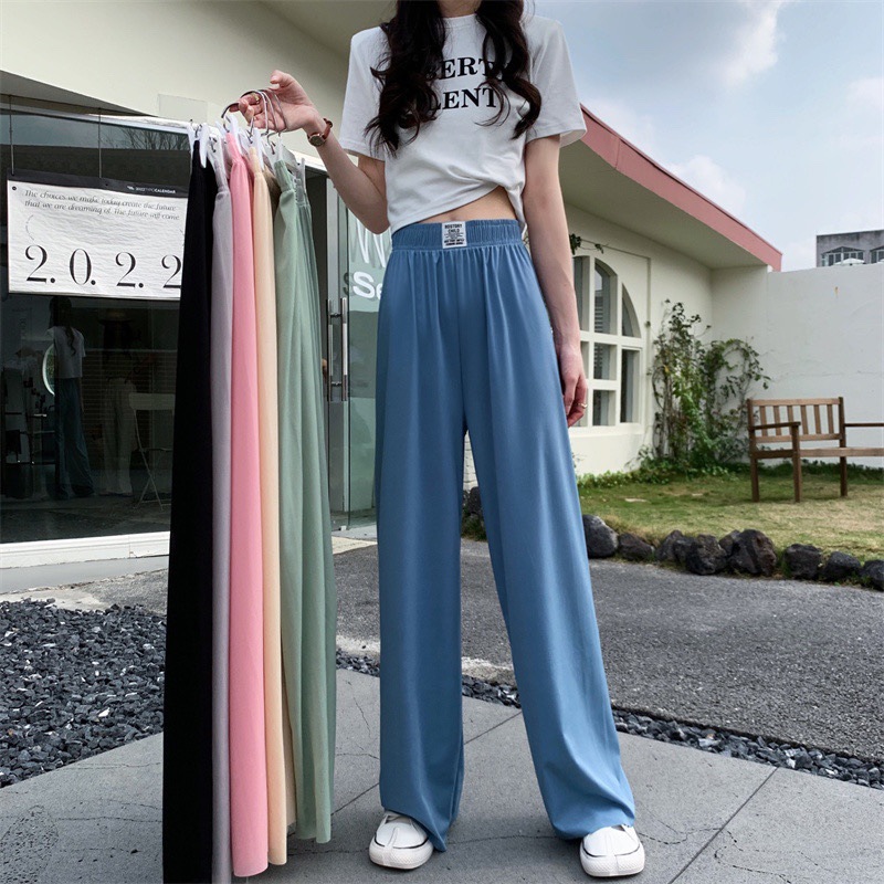 Picture of Ice Silk Tooth Label Strip Wide Leg Pants Casual Pants Pants Spring and Summer New Women's Weaving Label Waist High Waist Pants Slim and Sag Y