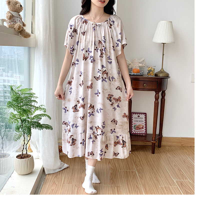 2025 New Women's Nightgown Full Cotton Silk Short Sleeve Skirt Generous Round Neck Flower Sexy Long Dress for Outer Wear