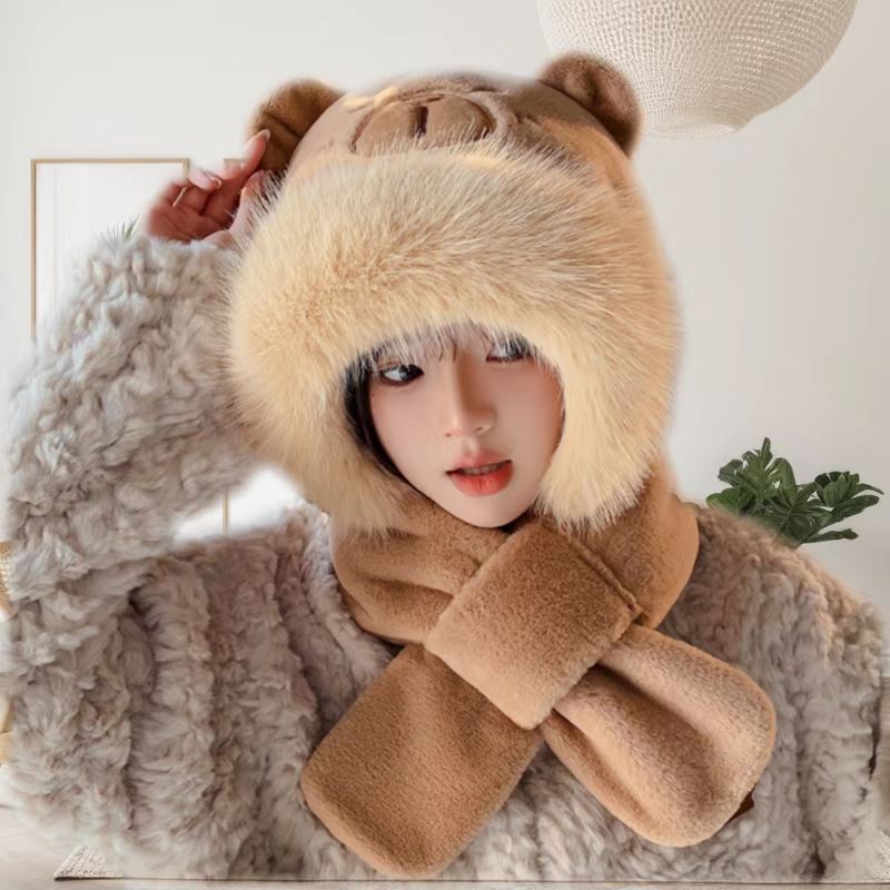 Picture of Loveable Capibala Hat Scarf Three-piece Set Women's Autumn and Winter Cartoon Plush Capybara Warm Windproof Scarf