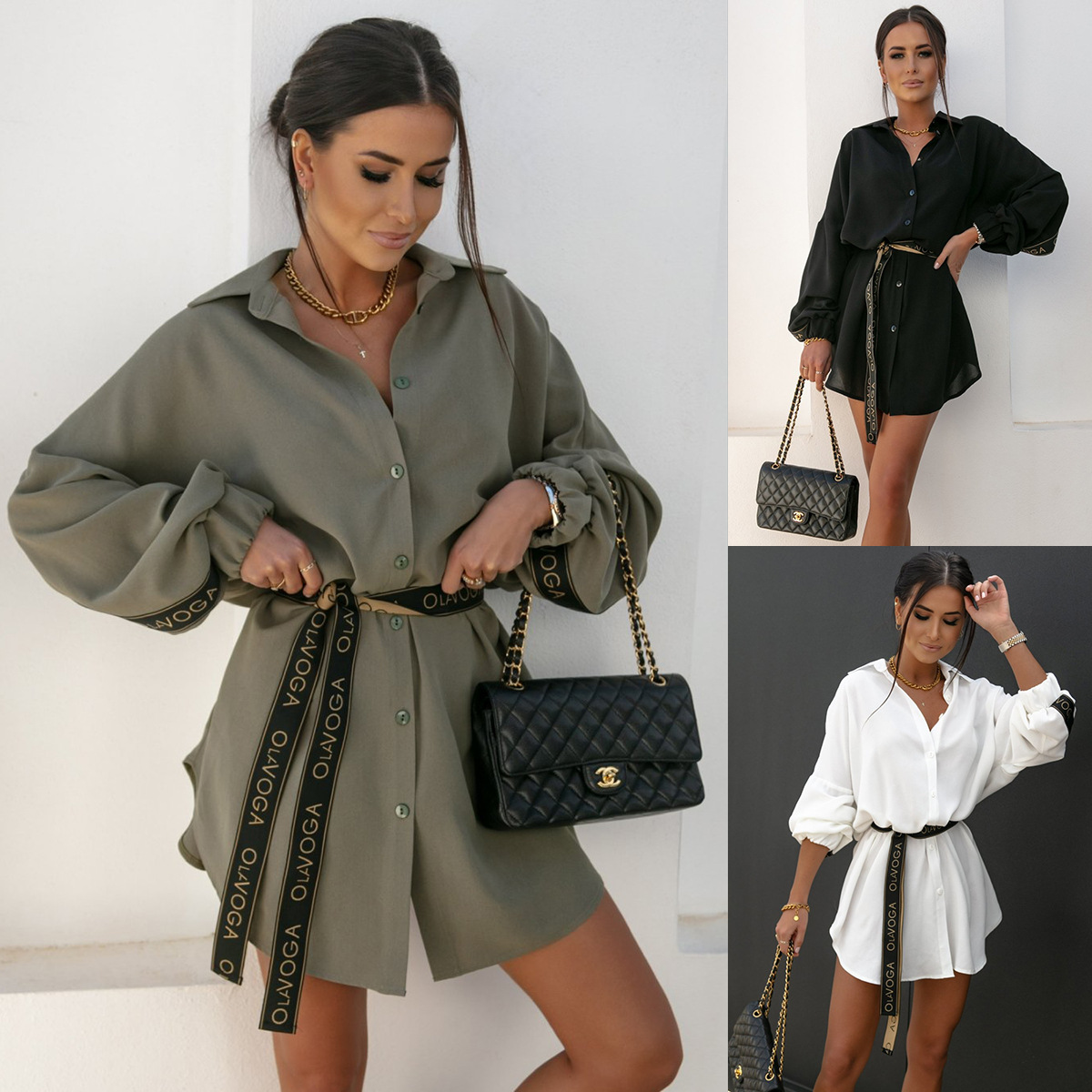 2022# Amazon AliExpress new long-sleeved waist lace-up shirt dress