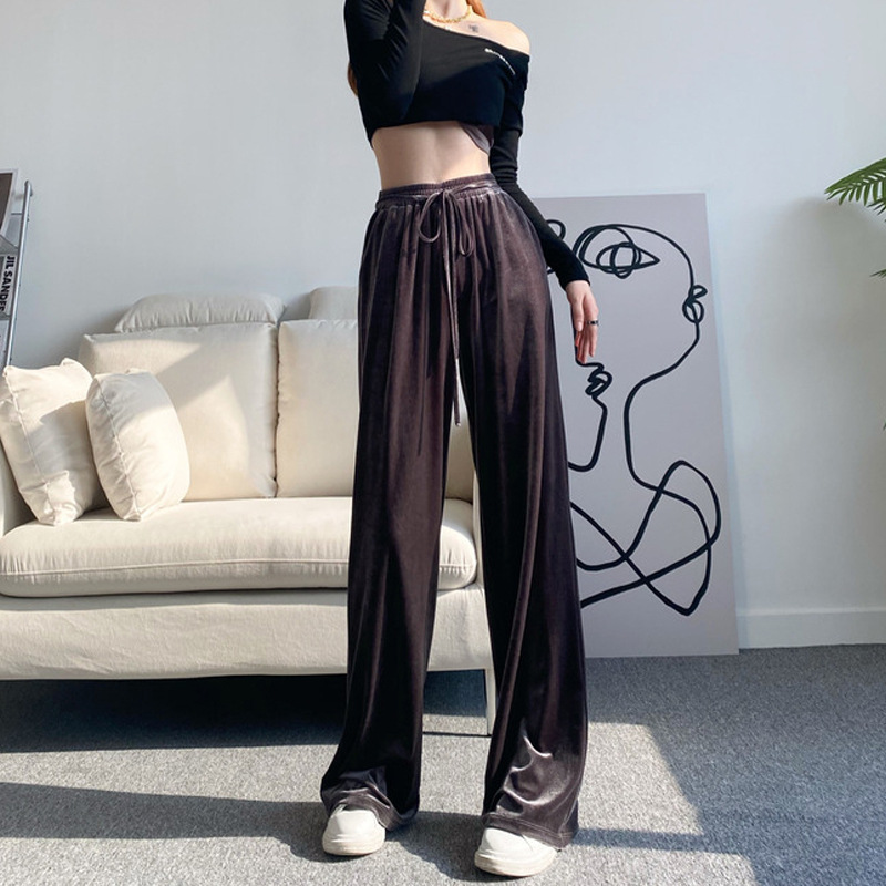 Golden Velvet Wide-leg Pants Women's Autumn New Style Small Casual Pants High Waist Hangting All-match Straight Trousers