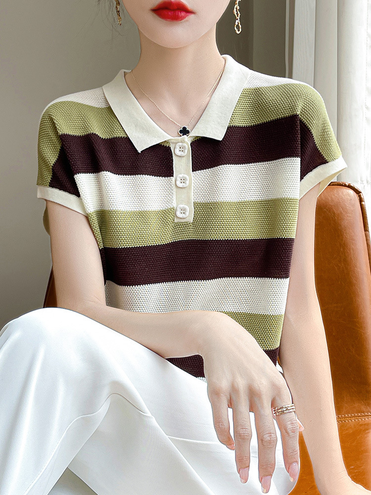 Summer New Tencel Lyocell Polo Collar Knitwear Women's Short-Sleeved Contrasting T-Shirt Women's Thin Top