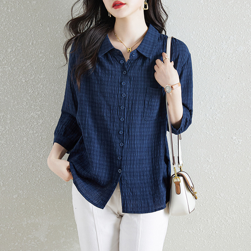 Real in stock Solid Color Cotton Half Sleeve Shirt Women's Summer New Artistic Single Breasted Fashionable Loose Top