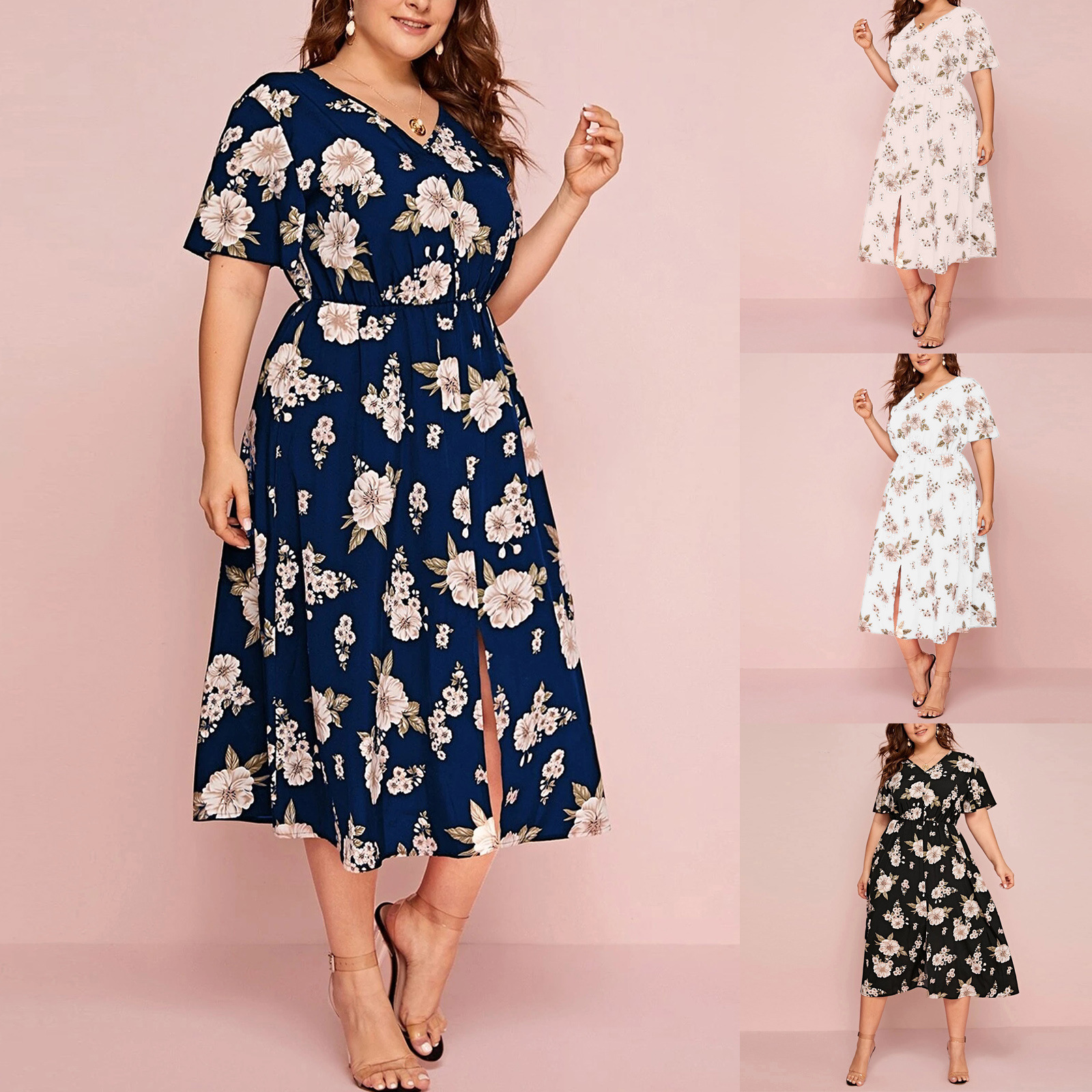 Picture of plus size Women's Floral Print V-neck Short-sleeved dress European and American-style Loose-fit Mid-length Chiffon Skirt