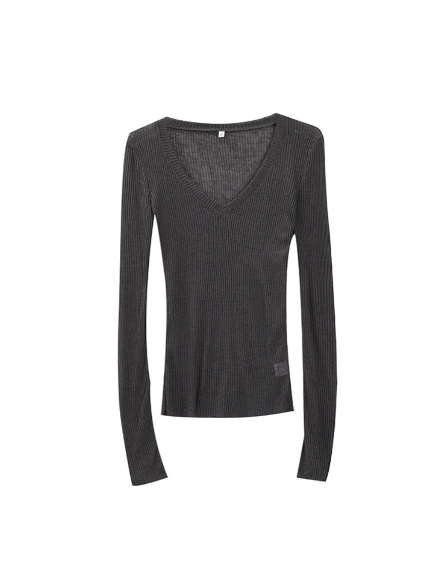 Picture of Solid Color V Neck Thin Slightly See-through Long-sleeved Women's ins Trend 2024 Summer New Design Niche Layering Top